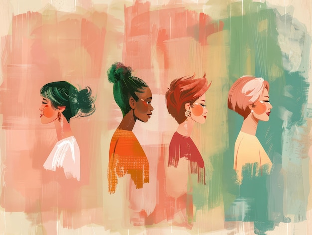Diversos perfiles de mujeres en una ilustración estilizada con colores vibrantes