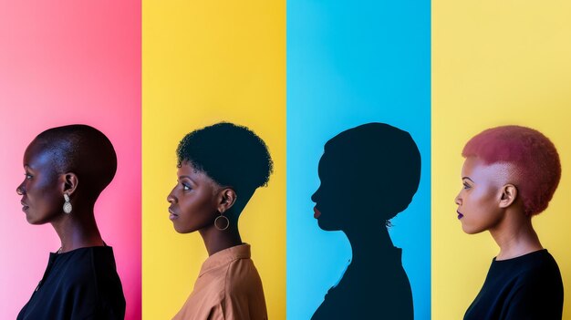 Foto diversos perfis de mulheres em uma ilustração estilizada com cores vibrantes