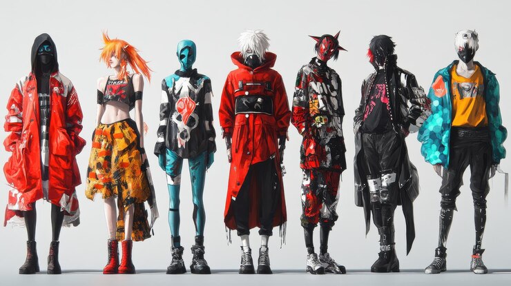 Diversos personajes estilizados en la moda futurista de la calle