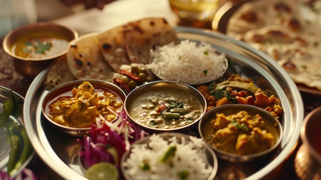 Diversos platos indios en un Thali Una experiencia gastronómica Thali india completa con una selección de varios platos tradicionales y condimentos en una mesa rústica