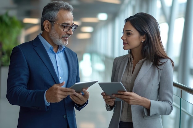 Diversos profesionales discuten la estrategia del proyecto utilizando una tableta digital