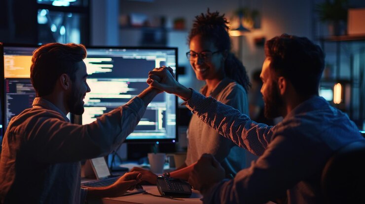 Foto diversos programadores celebrando el éxito de la codificación en una oficina moderna por la noche