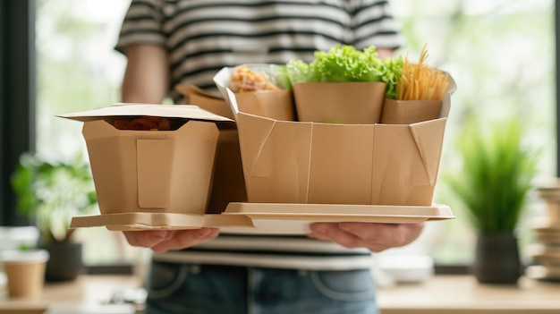 Foto diversos recipientes de papel para comida para levar o entregador está carregando