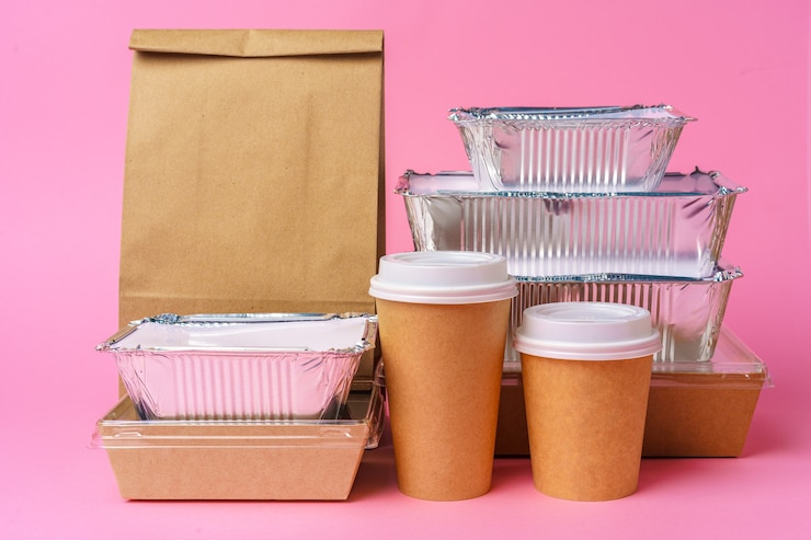 Foto diversos recipientes para comida para viagem. conceito de entrega de comida
