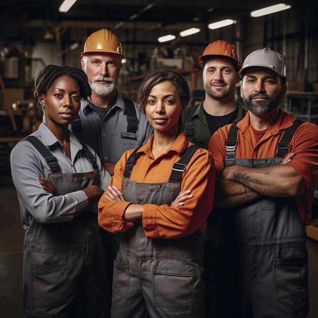 Diversos trabalhadores da indústria em retrato de grupo