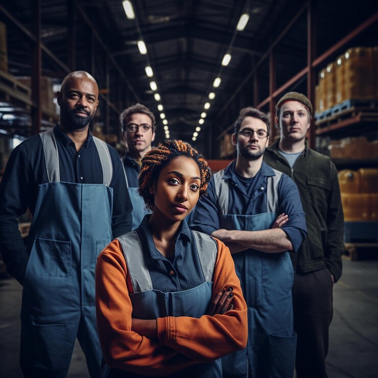 Foto diversos trabalhadores da indústria em retrato de grupo