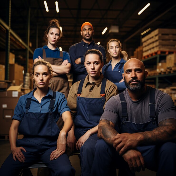 Foto diversos trabalhadores da indústria em retrato de grupo