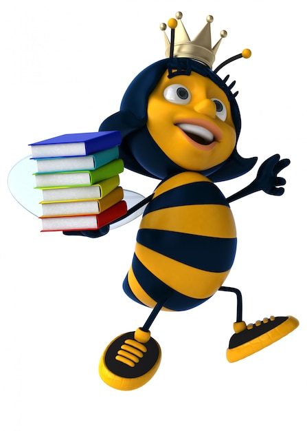 Divertida abeja ilustrada con una corona sosteniendo una pila de libros