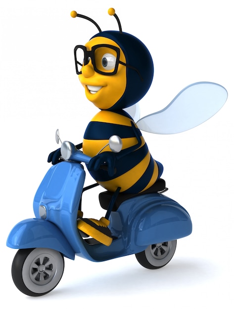 Divertida abeja ilustrada con gafas montando una moto