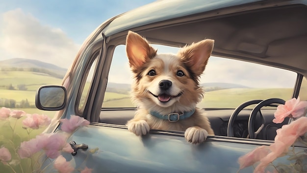 Divertida acuarela Lindo perro mascota Personaje de dibujos animados con la cabeza fuera de la ventana del auto generado AI