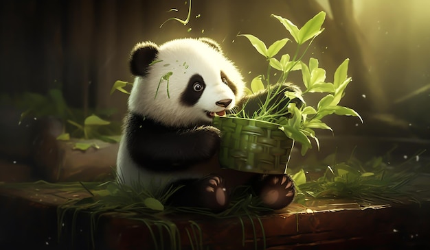 Divertida caricatura de bebé panda gigante comiendo bambú generada por IA