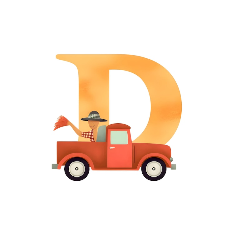 Foto divertida caricatura letra d con una camioneta roja ilustración vectorial