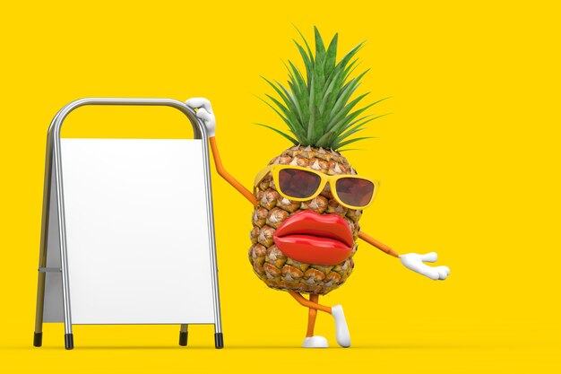 Divertida caricatura de moda Hipster Cut mascota de personaje de persona de piña con soporte de promoción de publicidad en blanco blanco sobre un fondo amarillo. Representación 3D