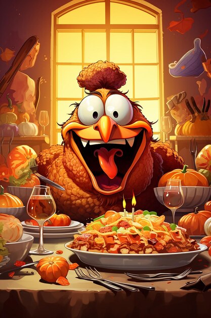 divertida caricatura de pavo cena de acción de gracias