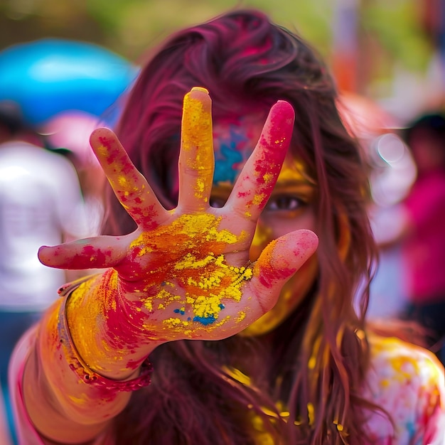 Foto divertida com cores vibrantes salpicos de cores e uma jovem mulher celebrando o festival holi