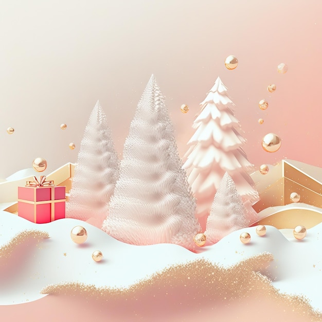 Divertida composición navideña ultra suave con abetos aislados sobre fondo rosa Colores pastel Cartel colorido y pancarta Ilustración 3D de estilo minimalista de dibujos animados
