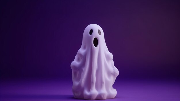 La divertida decoración de Halloween con fantasmas blancos crea un ambiente alegre sobre un fondo morado.