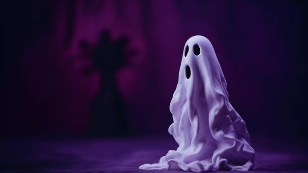 La divertida decoración de Halloween con fantasmas blancos crea un ambiente alegre sobre un fondo morado.