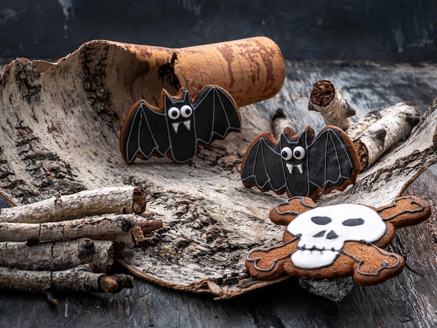 Divertida idea de postre de Halloween: lindas galletas aterradoras sobre un fondo de piedra oscura