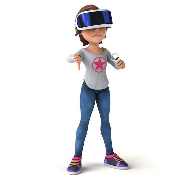 Divertida ilustración 3D de una adolescente con un casco de realidad virtual