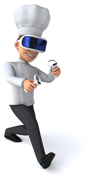 Divertida ilustración 3D de un chef con un casco de realidad virtual