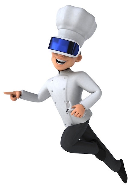 Divertida ilustración 3D de un chef con un casco de realidad virtual