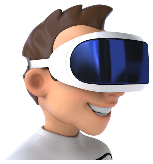 Divertida ilustración 3D de un hombre de dibujos animados con un casco de realidad virtual