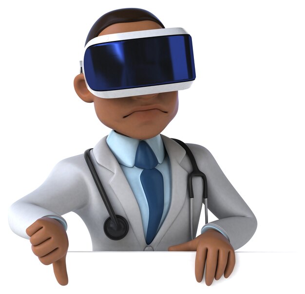 Divertida ilustración 3D de un médico con un casco de realidad virtual