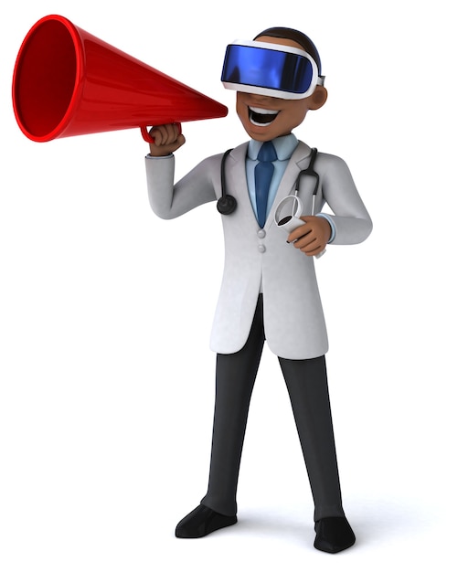 Divertida ilustración 3D de un médico con un casco de realidad virtual