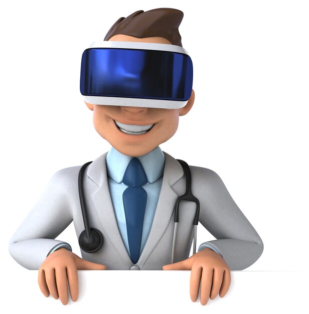 Divertida ilustración 3D de un médico con un casco de realidad virtual