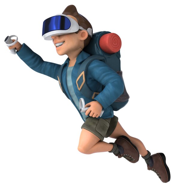 Divertida ilustración 3D de un mochilero con un casco de realidad virtual