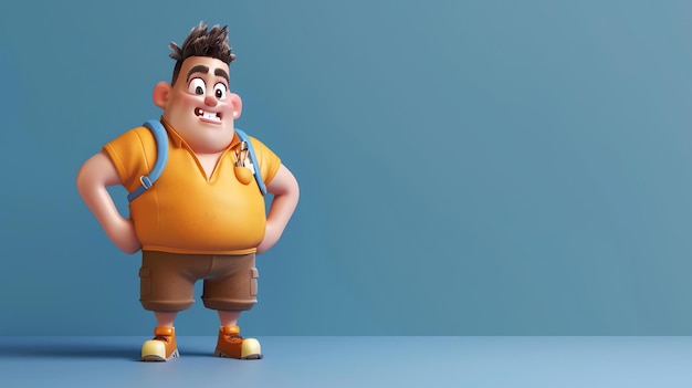 Foto divertida ilustración en 3d de un niño con sobrepeso feliz con mochila este niño sobrepeso lleva una camisa naranja y pantalones cortos marrones