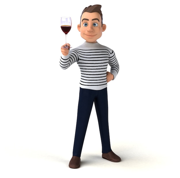 Divertida ilustración 3D de un personaje de dibujos animados con una copa de vino