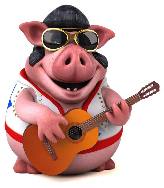 Divertida ilustración de dibujos animados en 3D de un cerdo rockero