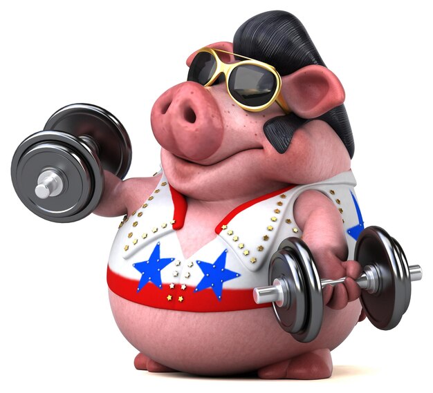 Divertida ilustración de dibujos animados en 3D de un cerdo rockero