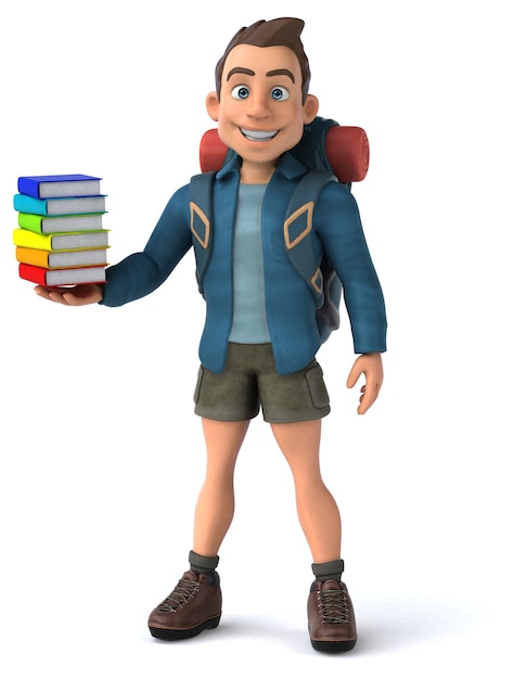 Divertida ilustración de un mochilero de dibujos animados en 3D