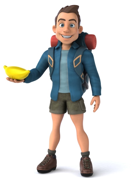 Divertida ilustración de un mochilero de dibujos animados en 3D
