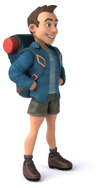 Divertida ilustración de un mochilero de dibujos animados en 3D