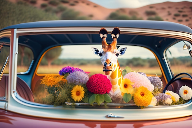 Divertida jirafa asomándose desde un auto lleno de flores AI