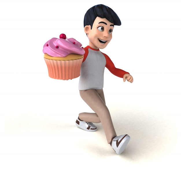 Divertido adolescente asiático en 3D con un estilo manga con cupcake