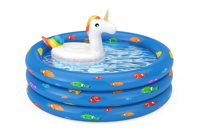 Divertido anillo inflable de unicornio para piscina de verano en goma azul Piscina inflable para niños sobre un fondo blanco. Representación 3D