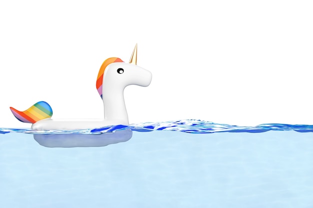 Divertido anillo de unicornio inflable para piscina de verano en piscina o agua de mar sobre un fondo blanco. Representación 3D