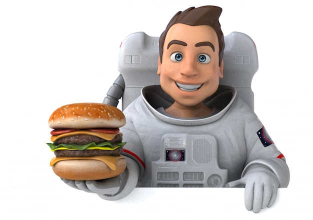 Divertido astronauta con hamburguesa