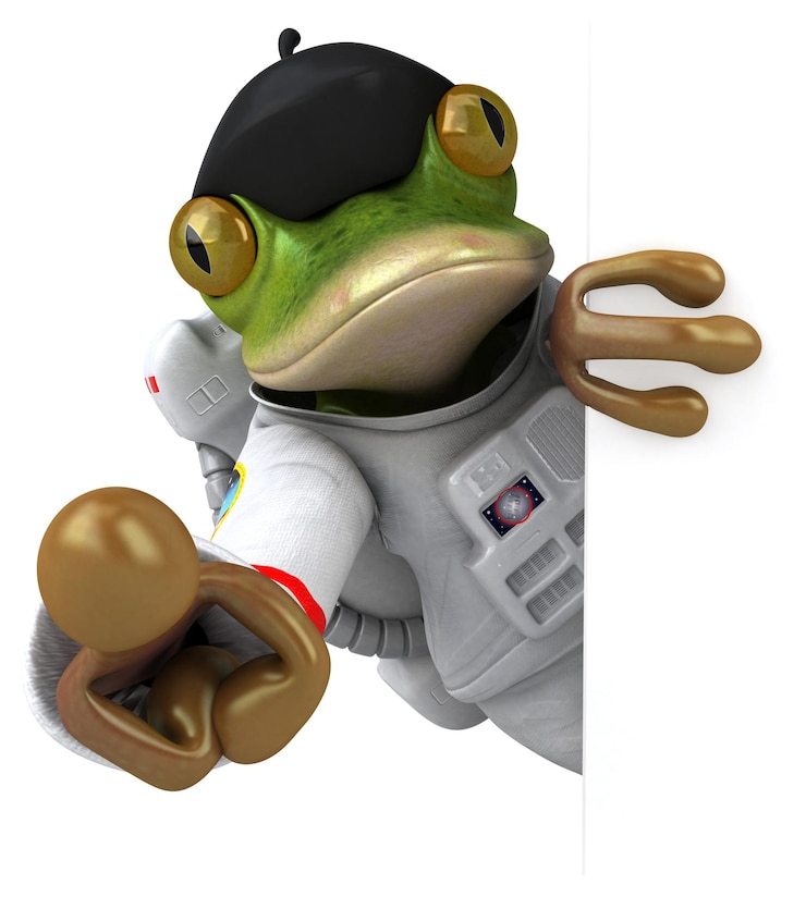 Foto el divertido astronauta rana de dibujos animados en 3d
