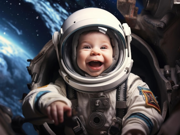 divertido bebé sonriente como astronauta