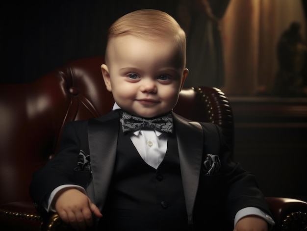 Foto divertido bebé sonriente como jefe de la mafia