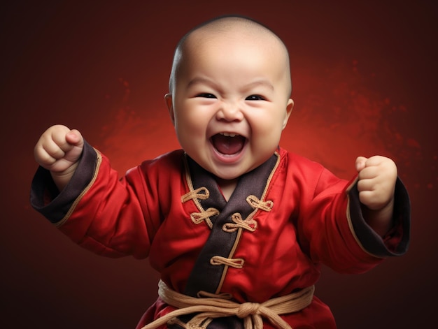Foto divertido bebé sonriente como luchador de kung fu