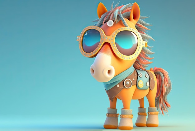 Divertido caballo naranja infantil con gafas de sol sobre fondo azul IA generativa