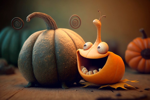 Un divertido caracol de cuento de hadas con una calabaza.