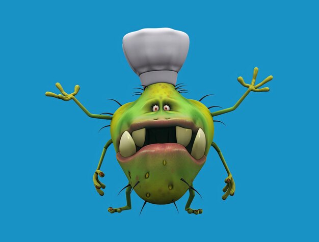 El divertido chef de virus de dibujos animados en 3D